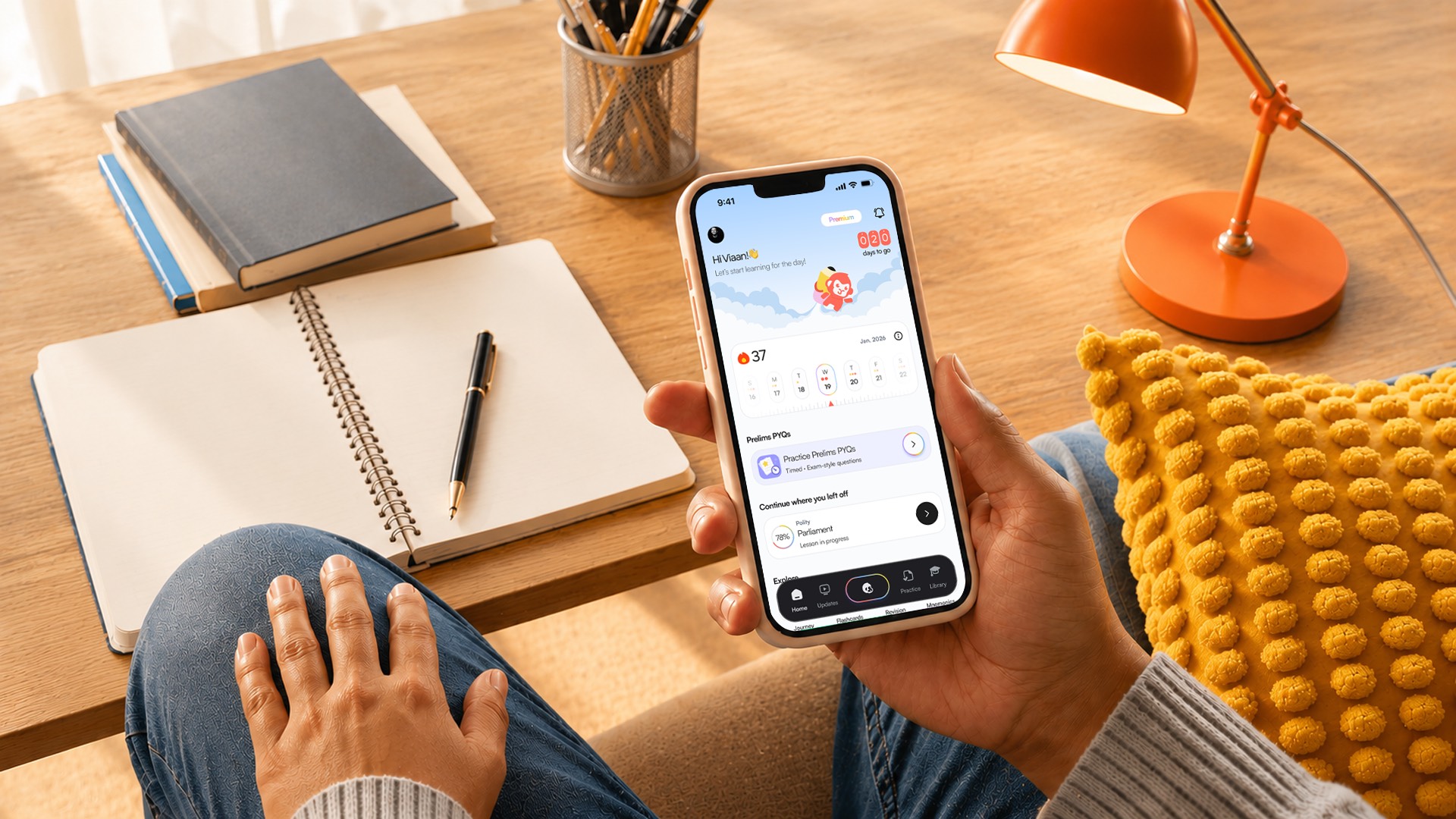 A student practising UPSC preparation on the PrepMonkey app